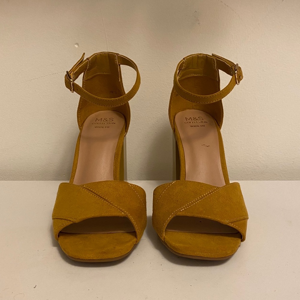 Mustard suede box heels sandals